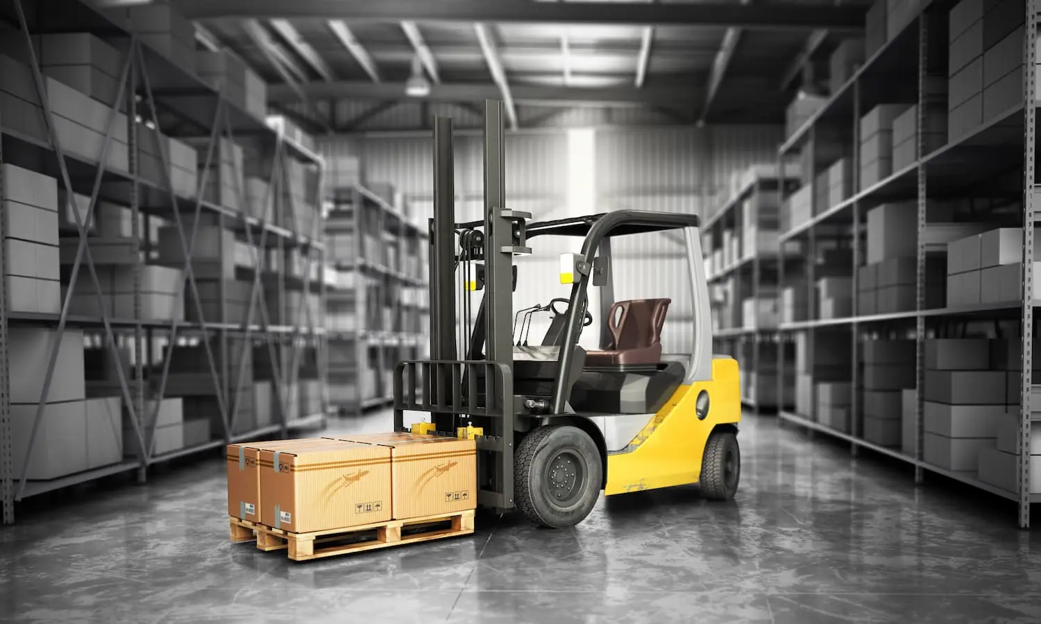 Forklift operating near pedestrians in a warehouse aisle