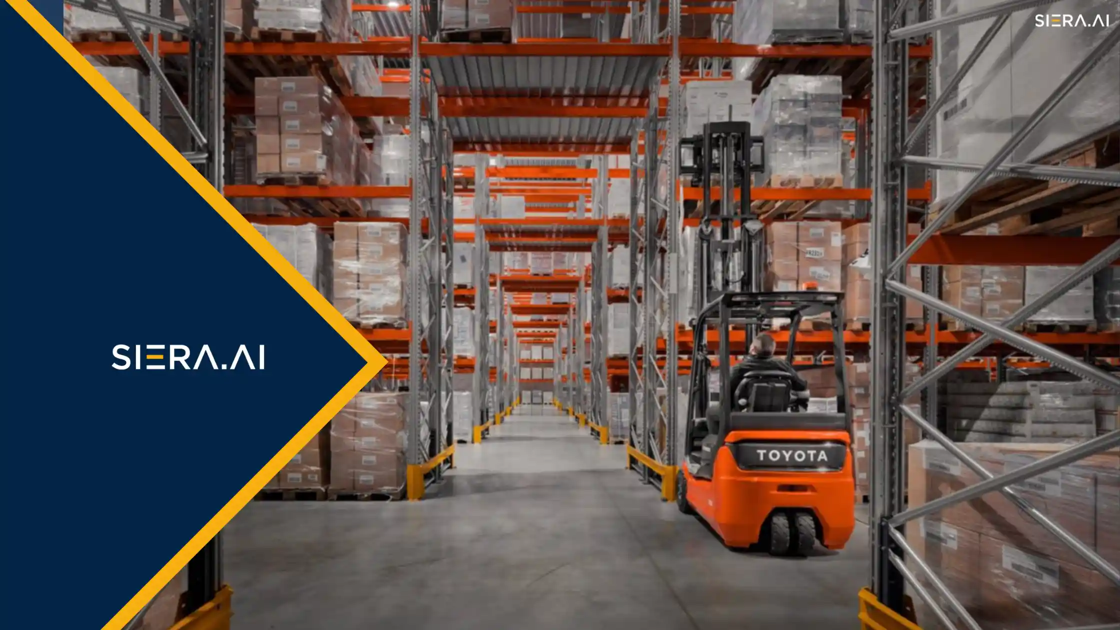 Forklift operating in a food and beverage manufacturing warehouse aisle