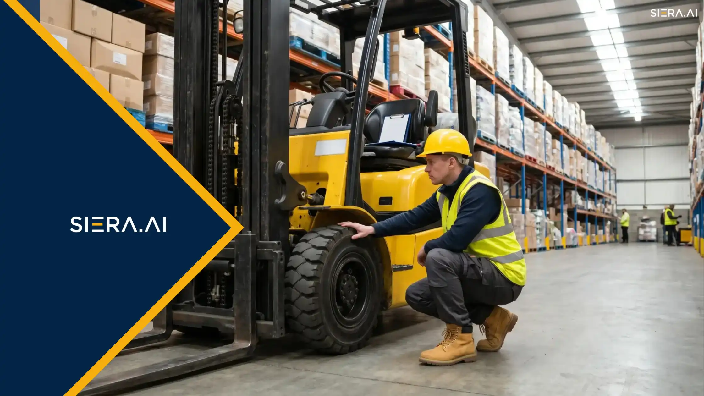 Automatic collision prevention system mounted on a warehouse forklift