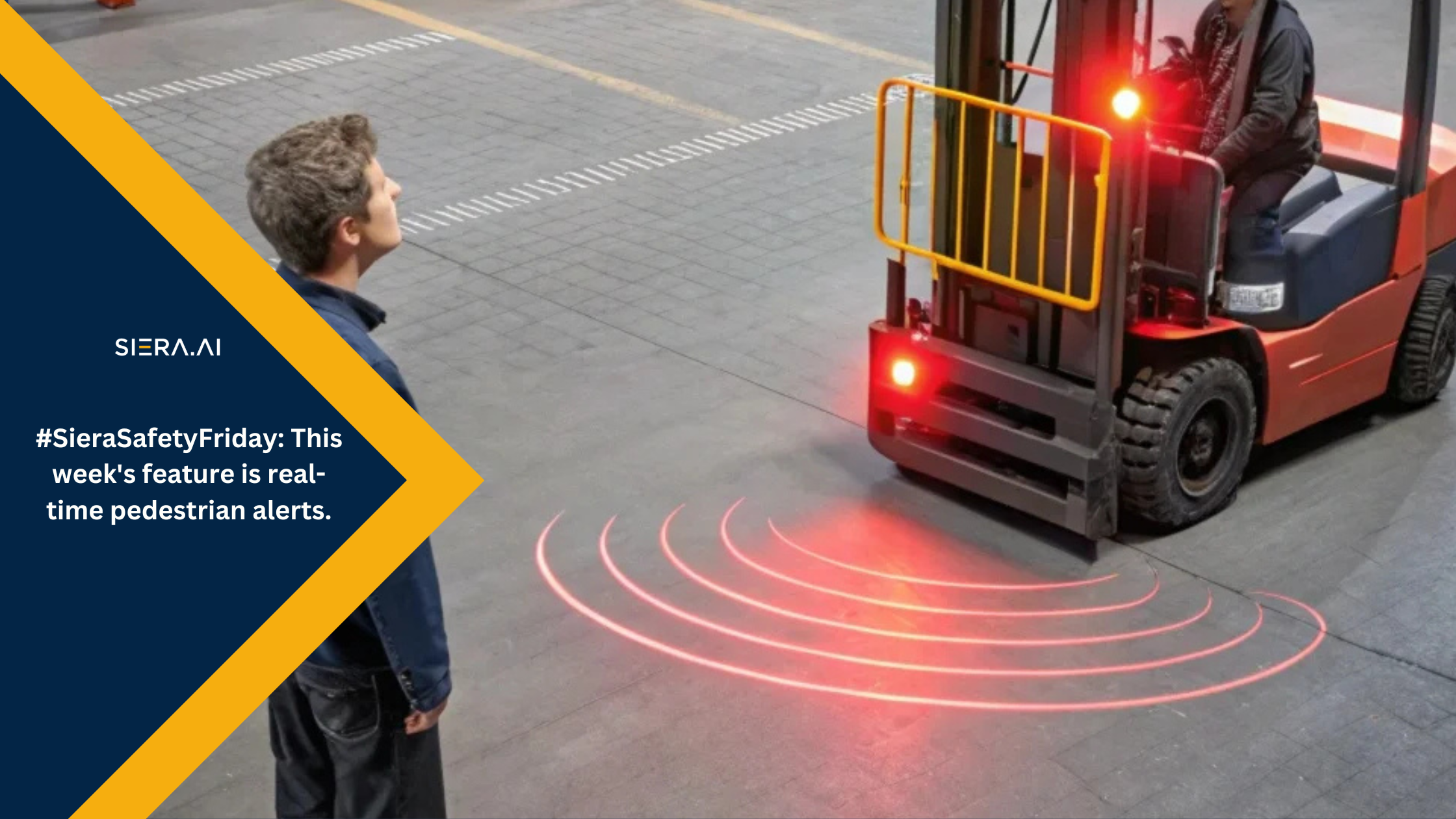 Forklift approaching a pedestrian zone in a warehouse aisle