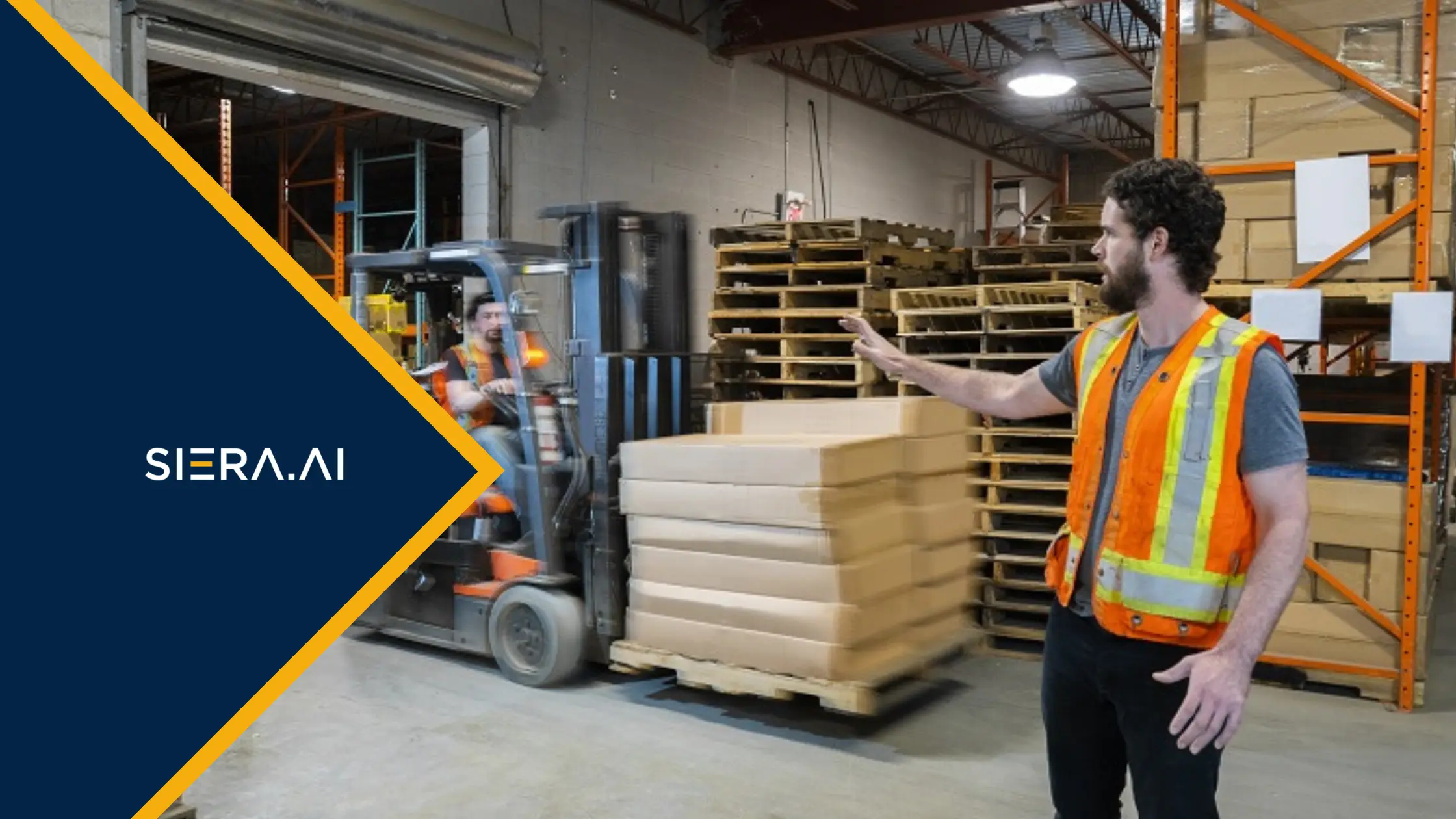 Warehouse forklift operating near racking, illustrating collision risk