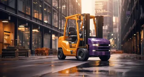 Autonomous and AI-assisted forklift operating safely in warehouse aisle